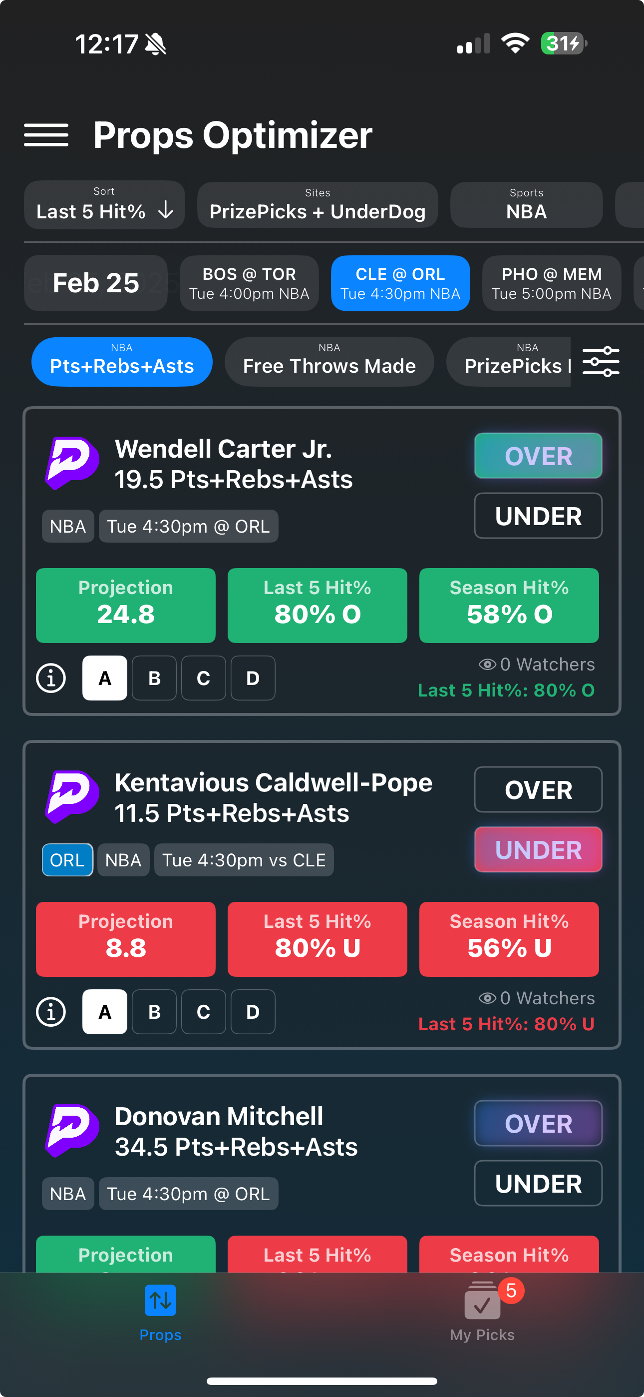 Props Optimizer app interface showing AI-powered player prop analysis